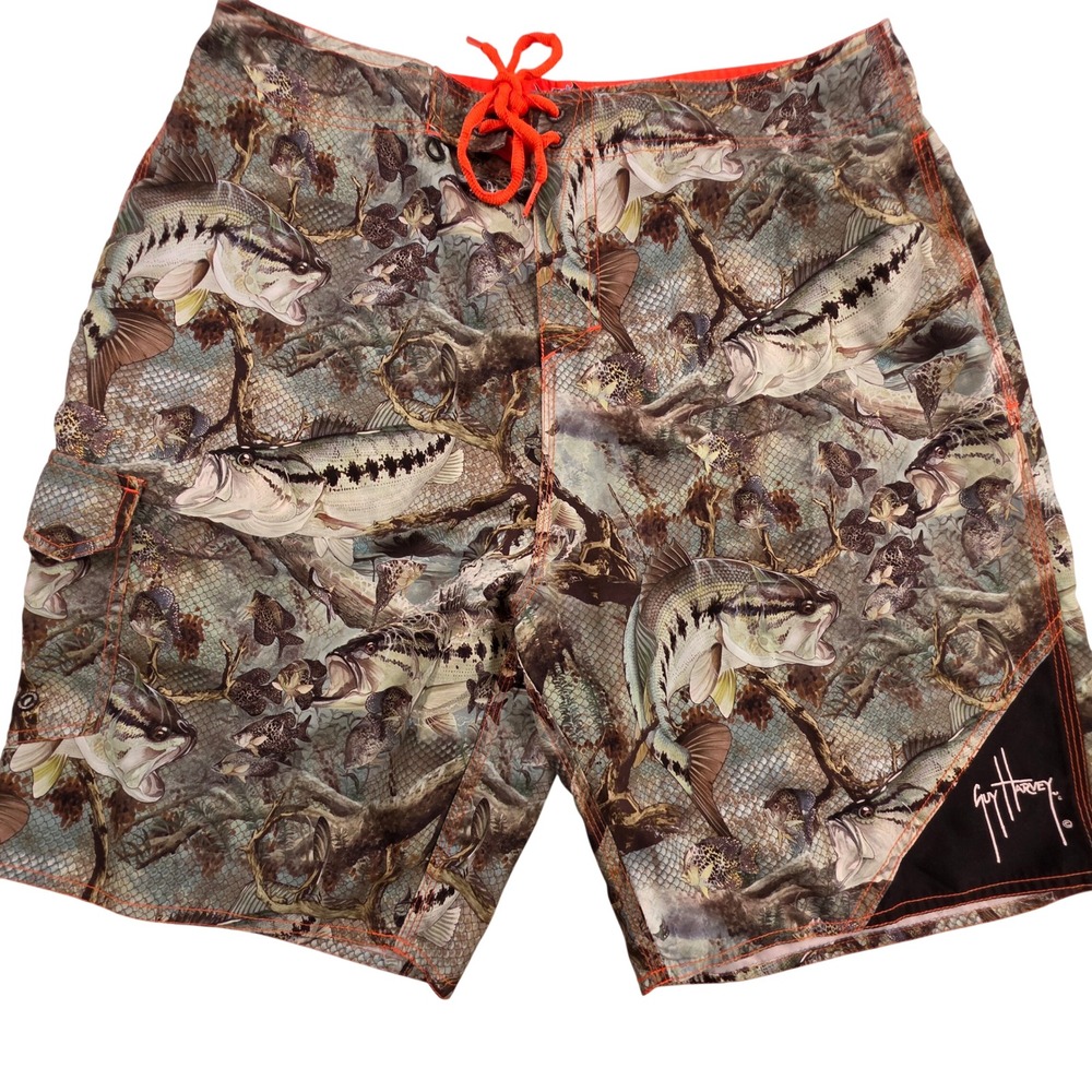Guy Harvey Board Shorts Mens 34 Multicolor Bass Fish Print Fishing Swim Trunks